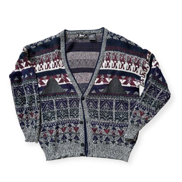 Vintage 90s Grandpa Sweater Cardigan V-Neck Colorful Geometric Pattern XL Navy
